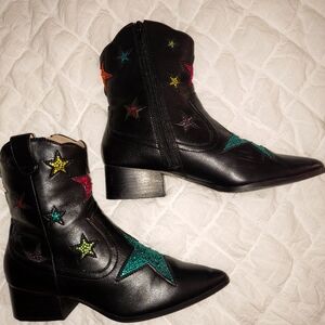 Betsey Johnson Black Ankle Boots with Multicolor Star Embellishments